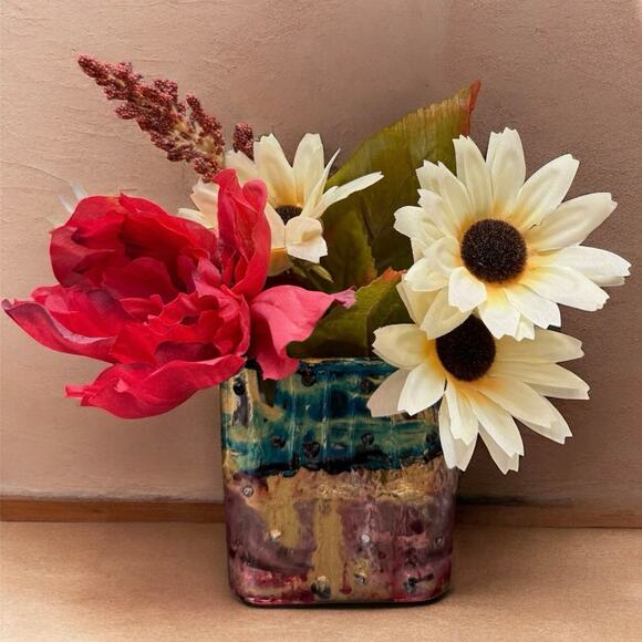 Abstract Hand Painted Gold Blue Pink Silver Glass Vase - Picture 1 of 4